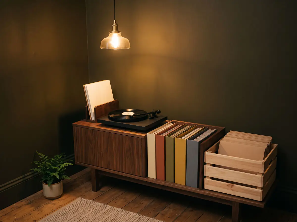 A turntable on a walnut cabinet beside records in cream, rust, olive and mustard sleeves, under a warm pendant lamp